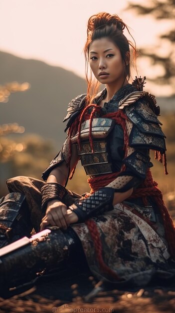 a woman in a red and black dress is sitting on a hill with a sword