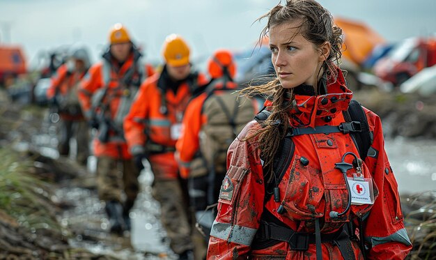 Photo a woman in a red and black jacket stands in front of a group of soldiers