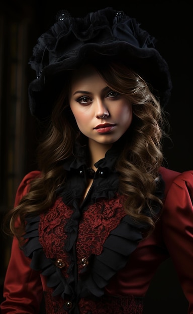 Premium Photo | A woman in a red and black lace costume with fur collar