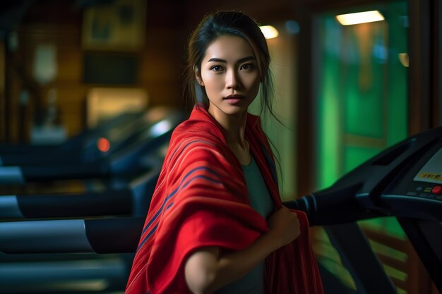 A woman in a red blanket stands on a treadmill in a gym.