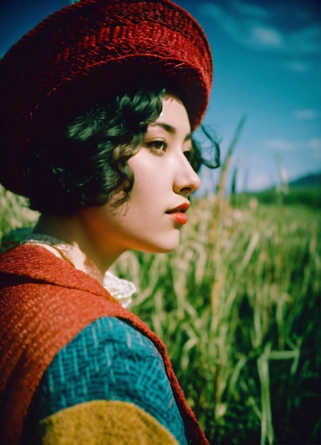 Photo a woman in a red and blue dress is sitting in a field with tall grass