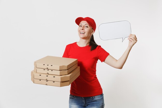 Woman in red cap, t-shirt giving food order pizza boxes isolated on white background. Female courier holding empty blank Say cloud, speech bubble, italian pizza in cardboard flatbox. Delivery concept.