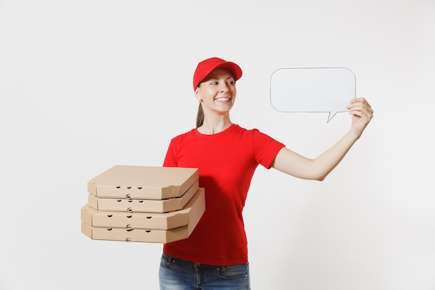 Woman in red cap, t-shirt giving food order pizza boxes isolated on white background. Female courier holding empty blank Say cloud, speech bubble, italian pizza in cardboard flatbox. Delivery concept.