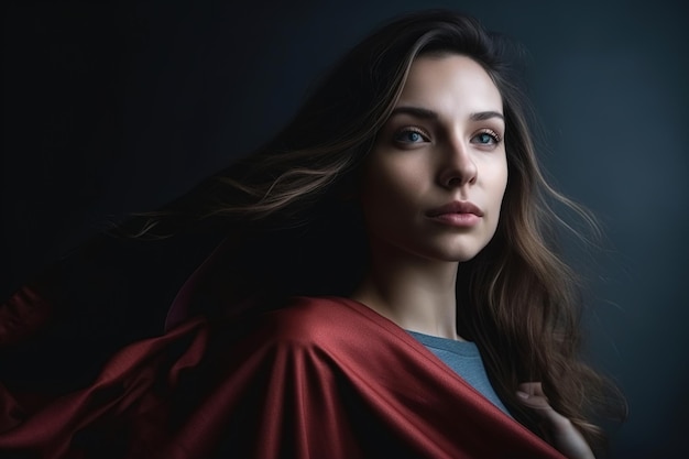 A woman in a red cape stands in a dark room with a blue shirt on.