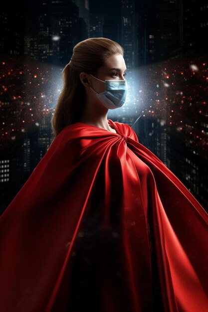 a woman in a red cape with a red cape on her face