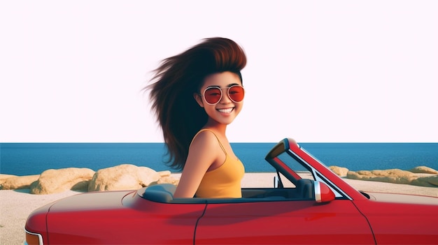 A woman in a red car smiling and looking at the sea.