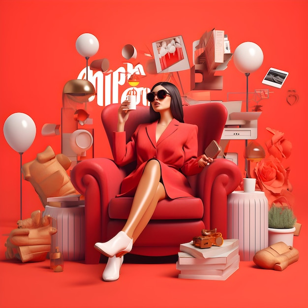 A woman in a red chair with a bunch of items on it