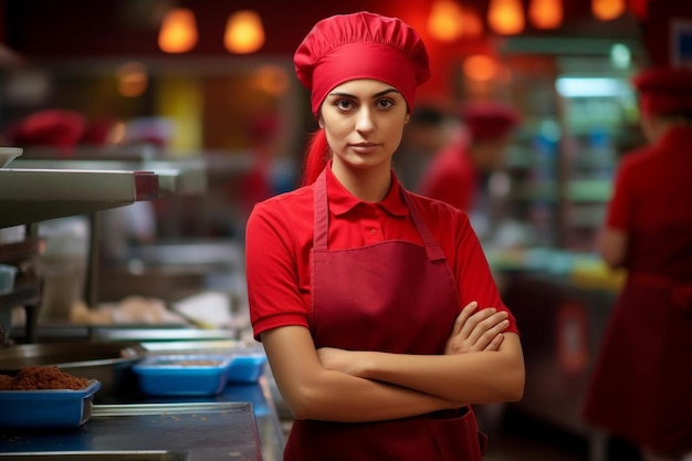 Photo a woman in a red chefs hat stands in front of a counter full of food