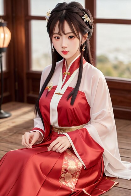 A woman in a red chinese costume