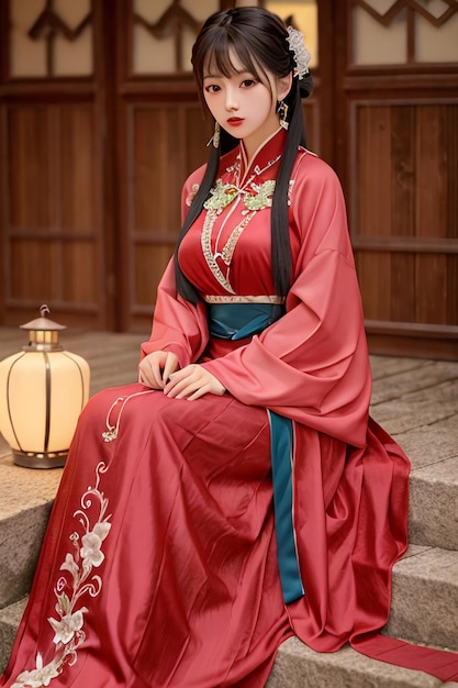 A woman in a red chinese costume