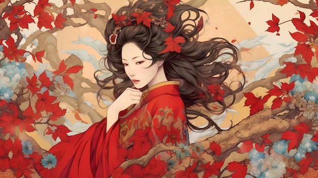 A woman in a red chinese dress lies on a bed of flowers