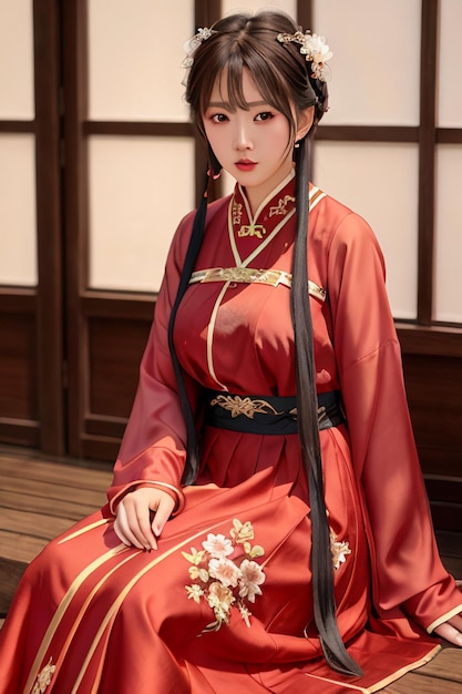 A woman in a red chinese dress sits on a bench.