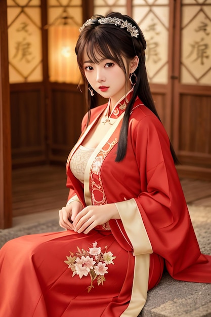 A woman in a red chinese dress with a flower on the front