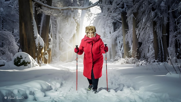 a woman in a red coat is skiing in the snow