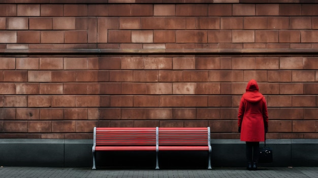 a woman in a red coat standing next to a bench