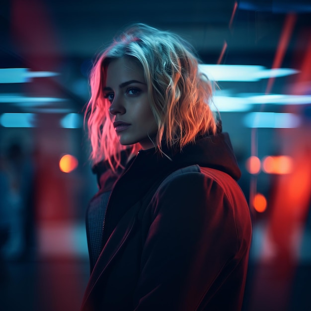 a woman in a red coat standing in a dark tunnel