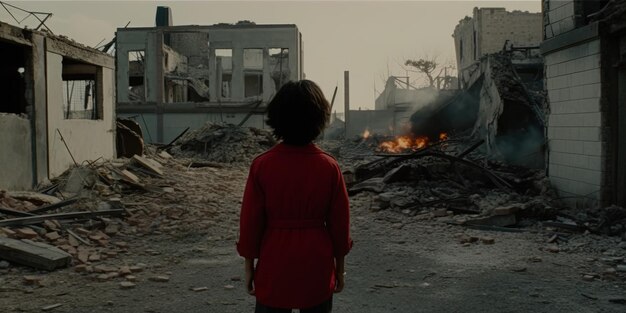 a woman in a red coat stands in front of a destroyed building