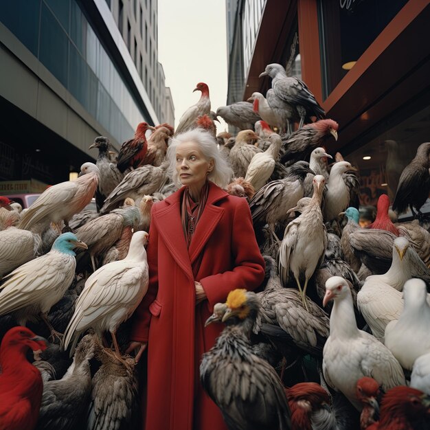 Photo a woman in a red coat walks among many chickens