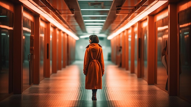 A woman in a red coat walks down a dark hallway with a red light on the wall.