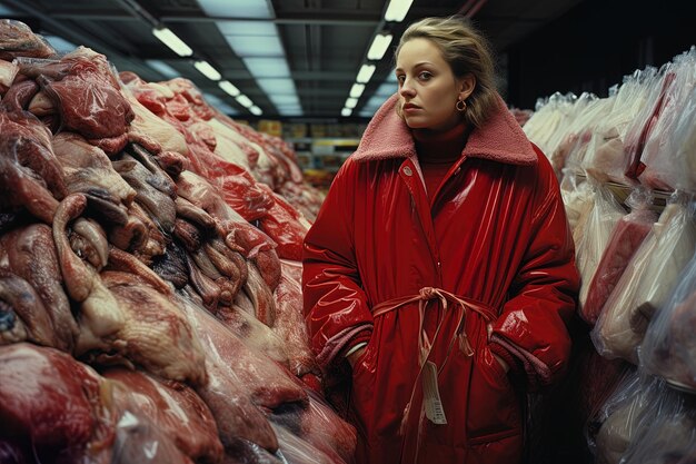 a woman in a red coat with meat in it