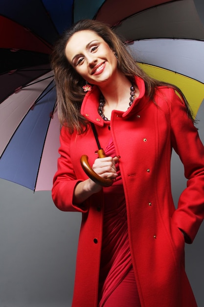 Woman in red coat with umbrella