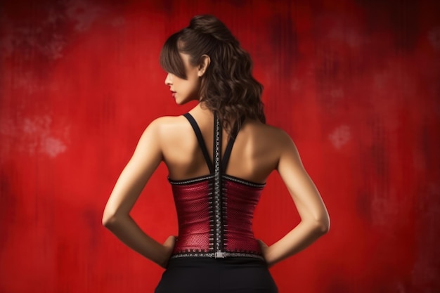 A woman in a red corset stands in front of a red background.