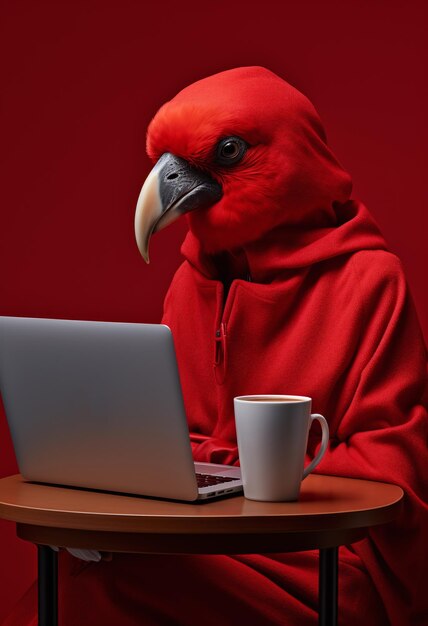 a woman in red costume is holding a laptop computer and coffee in the style of hyperrealistic wild