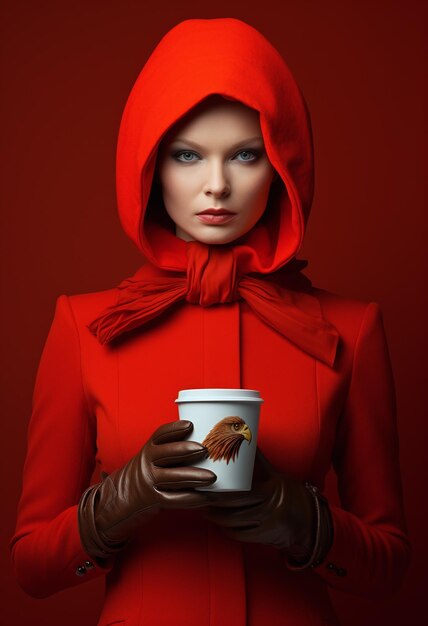 a woman in red costume is holding a laptop computer and coffee in the style of hyperrealistic wildl