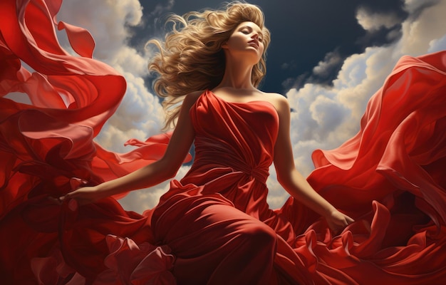 A woman in a red dress against the background of the sky