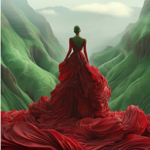 Woman in red dress on a background of mountains 3d render