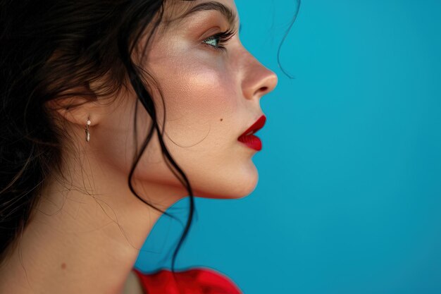 Woman in Red Dress on Blue Background