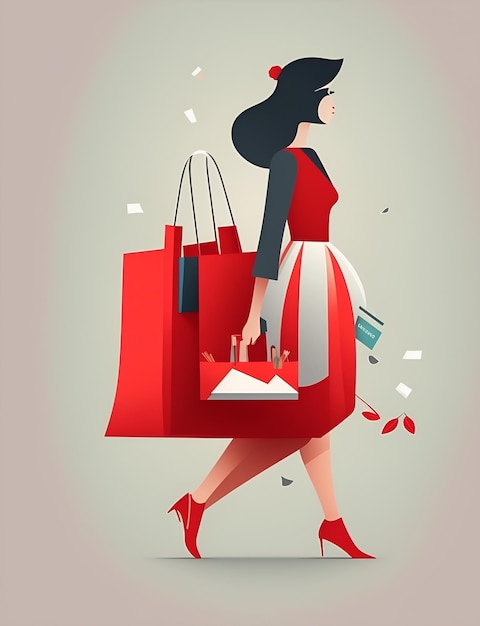 A woman in a red dress carries a shopping bag.