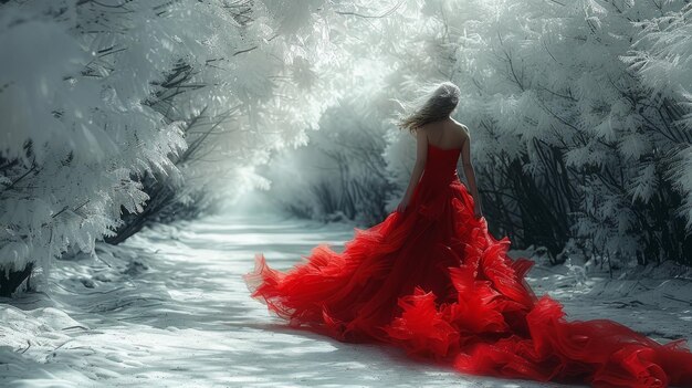 숲에서 빨간 드레스를 입은 여자