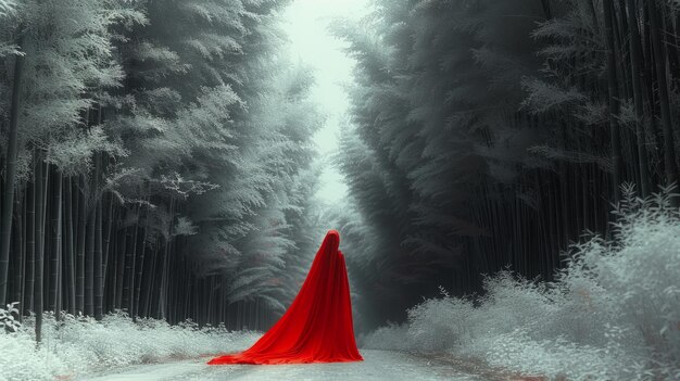 woman in a red dress in a forest