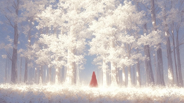 woman in a red dress in a forest