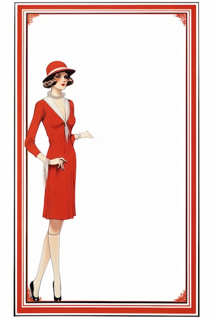 a woman in a red dress and hat is standing in front of a frame