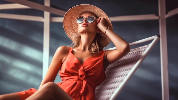 Woman in a red dress and hat sits on a deck chair