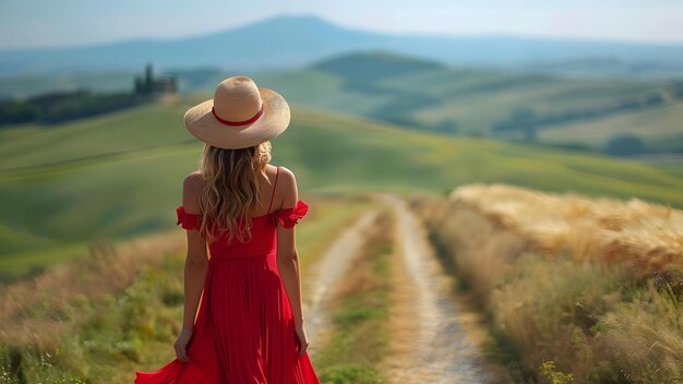 Foto una donna con un vestito e un cappello rosso che cammina lungo un sentiero nella campagna toscana concept outdoor photoshoot toscana countryside red dress hat woman