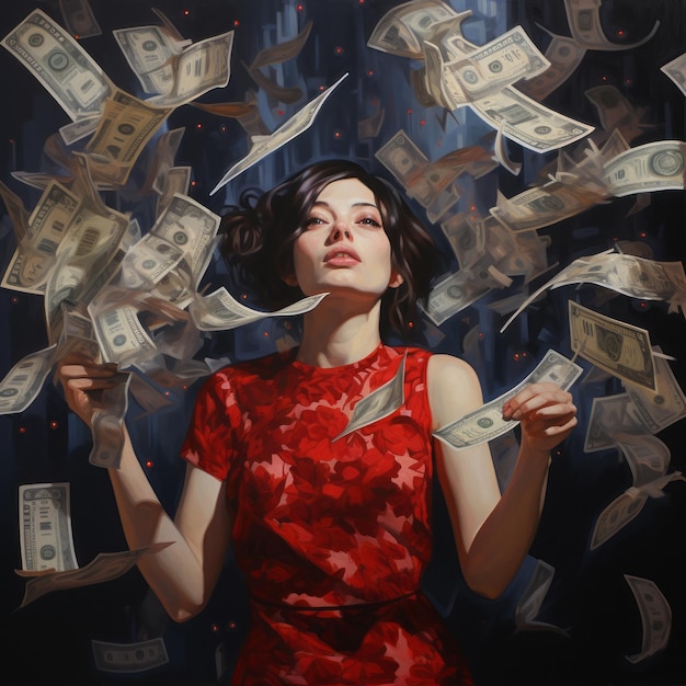 a woman in red dress holding money