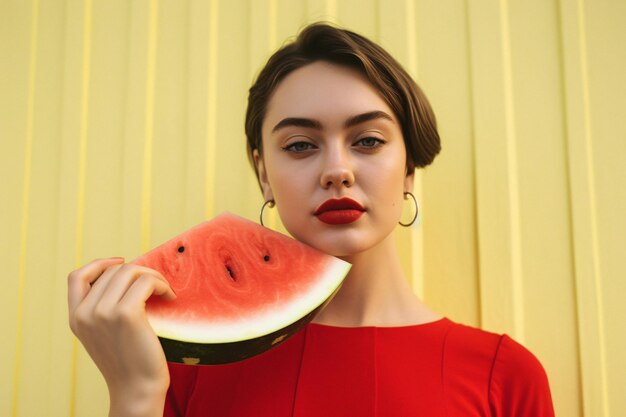 Woman in red dress holding a slice of watermelon on yellow background created with generative ai technology