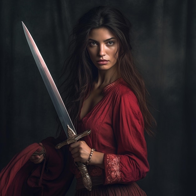 a woman in a red dress holding a sword with a sword in her hand.