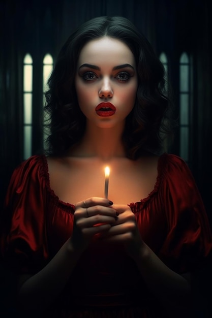 A woman in a red dress holds a candle in her hands.