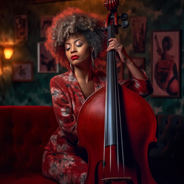 A woman in a red dress holds a cello in front of a wall with pictures on it