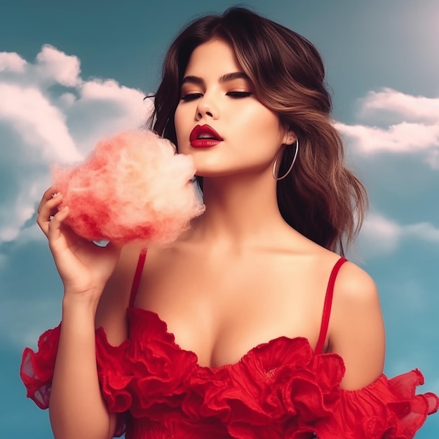 A woman in a red dress holds a cotton candy in her hand.