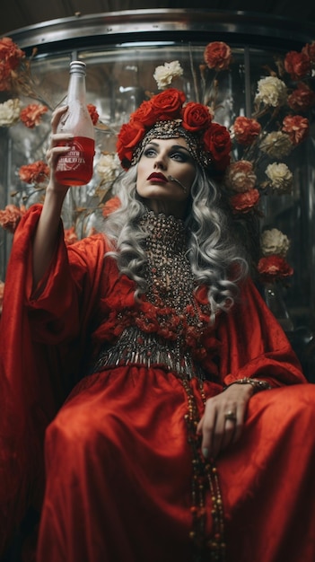 a woman in a red dress holds a cup of milk.