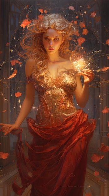 A woman in a red dress holds a glowing sparkler in her hands.