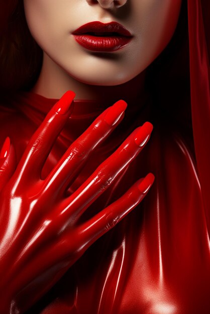 a woman in a red dress holds her hands with a red glove on it.