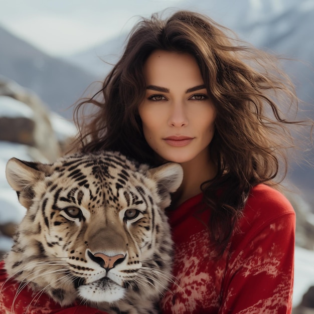 a woman in a red dress holds a tiger