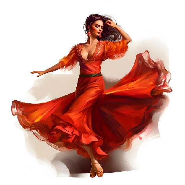 A woman in a red dress is dancing in the air.