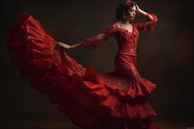 A woman in a red dress is dancing in a dark room.